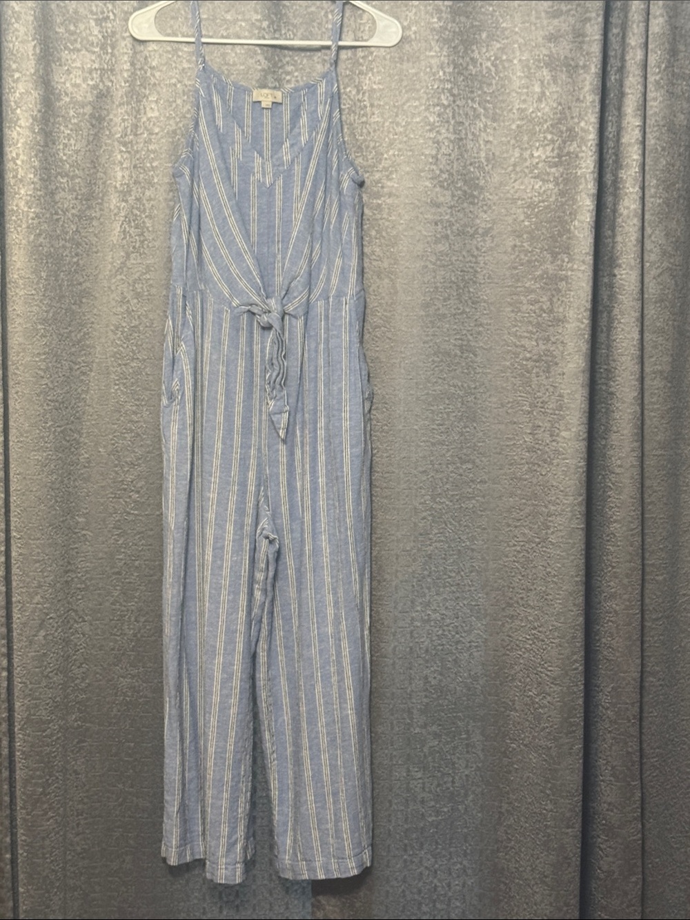 LOFT Blue and White Striped Tie-Front Jumpsuit